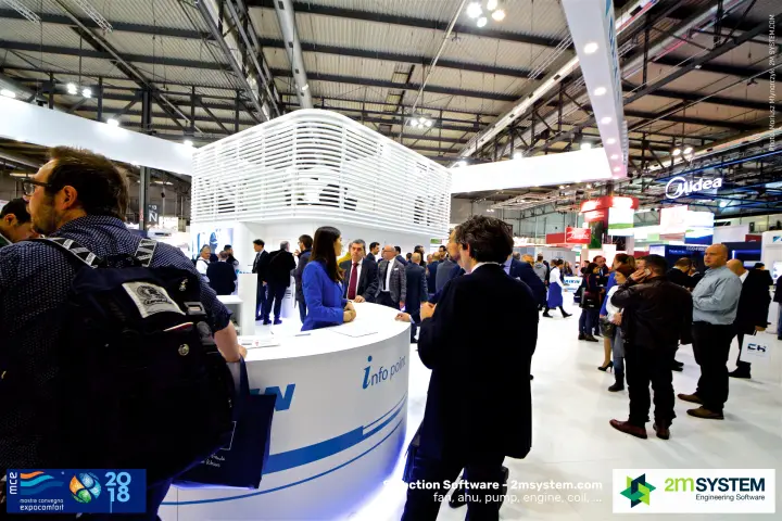 Daikin info point counter beneath a white louvred stand structure at MCE 2018