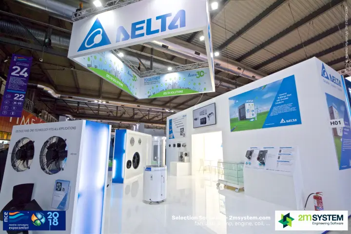 Delta stand with EC fan display wall and drive controls under a suspended banner at MCE 2018