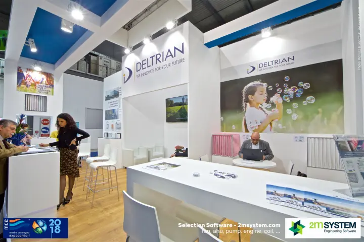Deltrian bag filters beneath a soap-bubble clean-air graphic at MCE 2018