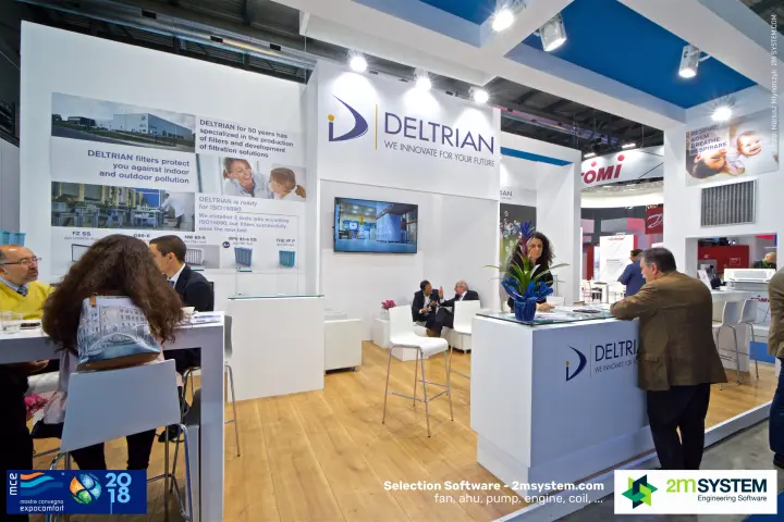 Deltrian filter stand with ISO 16890 information wall