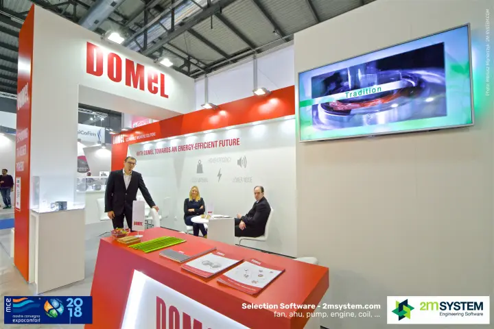 Domel counter and lounge with a screen showing a 'Tradition' video at MCE 2018