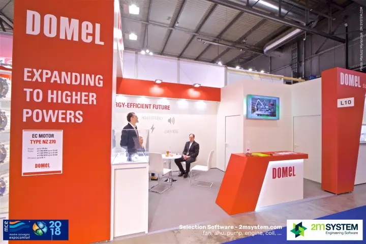 Domel 'EC Motor Type NZ 270' sign and lit reception counter at stand L10 at MCE 2018