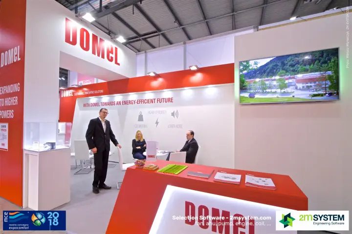 Domel stand with 'Energy-efficient future' wall and factory video at MCE 2018