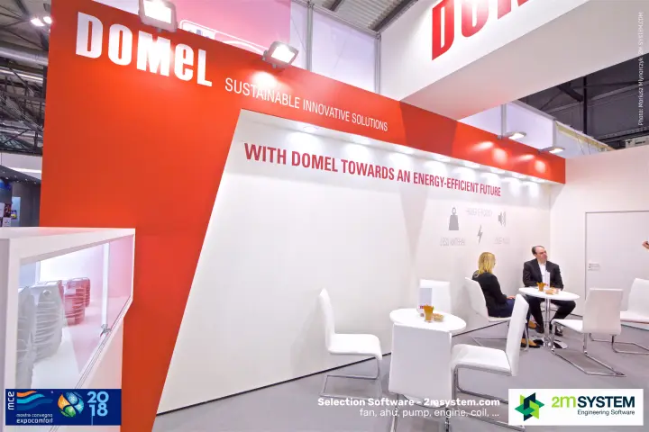Domel stand wall with slogan and a showcase of motor components at MCE 2018