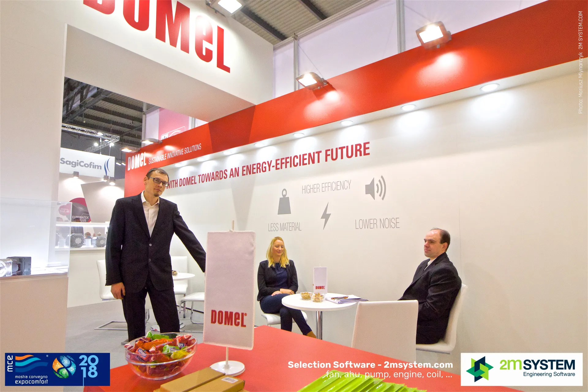 Domel table flag and meeting area under the 'Sustainable innovative solutions' band at MCE 2018