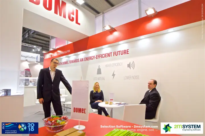 Domel table flag and meeting area under the 'Sustainable innovative solutions' band at MCE 2018