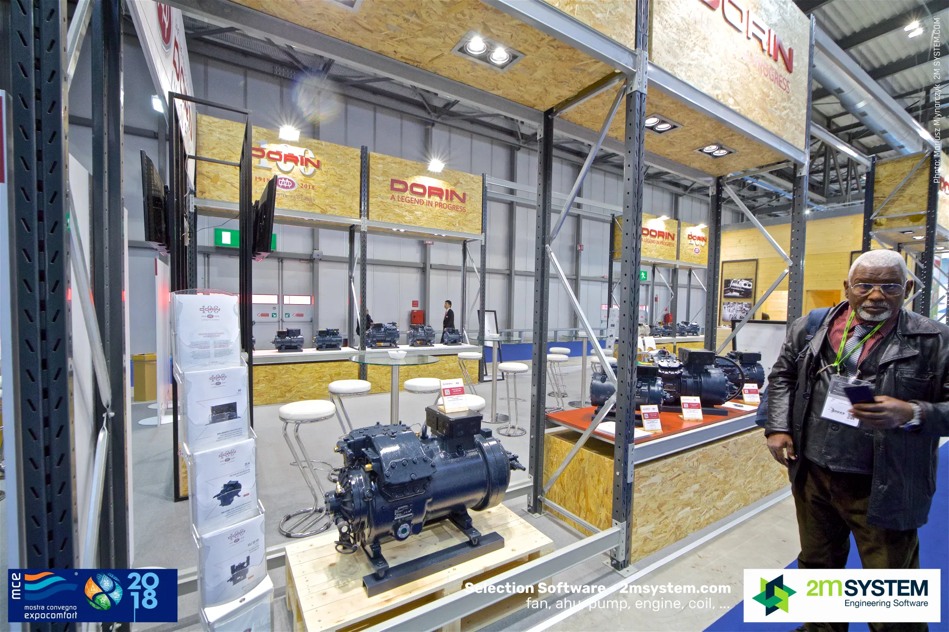 Dorin compressor on a wooden pallet at the edge of the centenary stand at MCE 2018