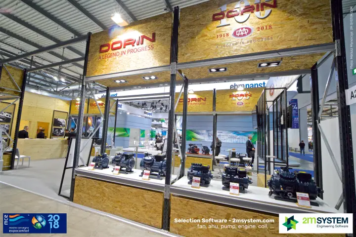 Dorin stand with rows of semi-hermetic compressors on OSB-clad shelving at MCE 2018