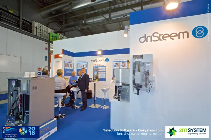 DriSteem steam humidifier with transparent cover on the stand wall at MCE 2018