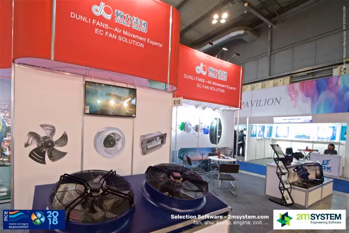 Dunli axial fans with guard grilles on a blue display plinth at MCE 2018