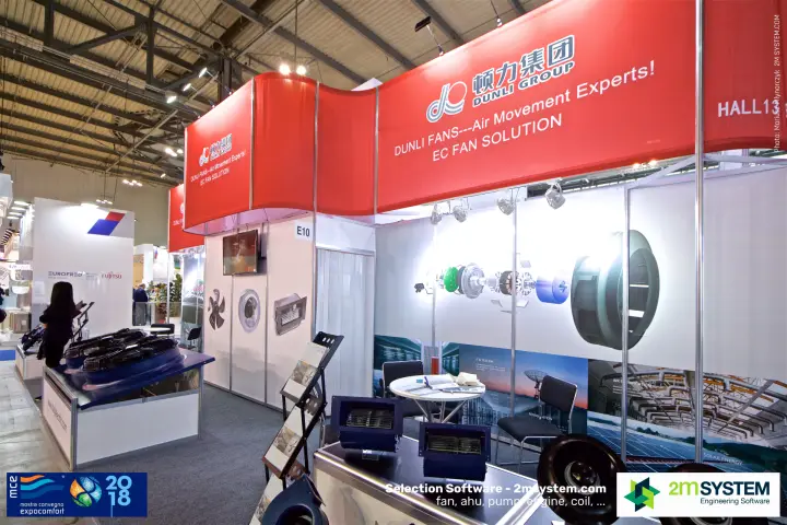 Dunli Group stand with exploded EC motor graphic and fan displays at MCE 2018