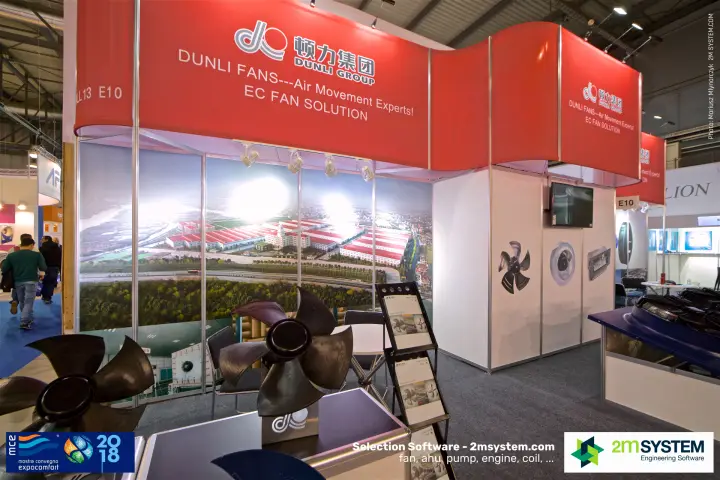 Dunli stand with plastic axial impellers and factory panorama at MCE 2018