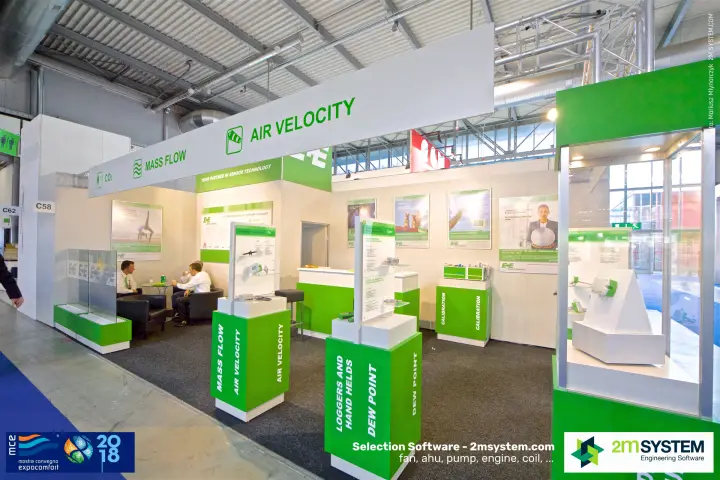 E+E sensor stand with air velocity, mass flow and dew point displays at MCE 2018