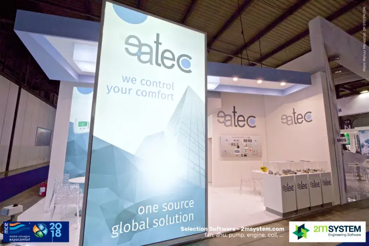Eatec stand with 'we control your comfort' lightbox and controls at MCE 2018