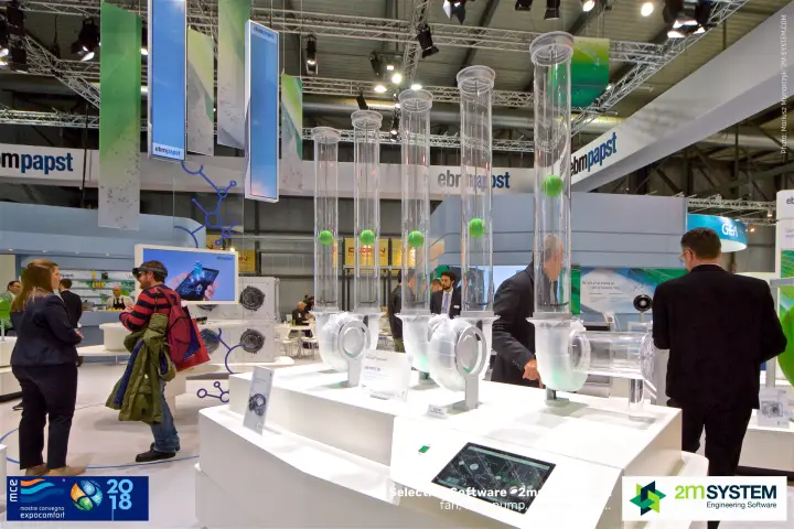 ebm-papst blower demo lifting green balls in clear acrylic tubes at MCE 2018