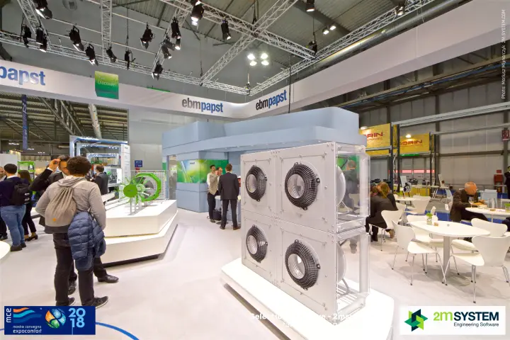 ebm-papst fan wall module of four plug fans beside the lounge area at MCE 2018
