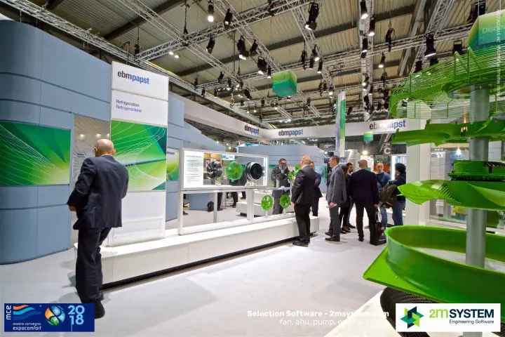 ebm-papst refrigeration fan display with a green fan-guard sculpture at MCE 2018