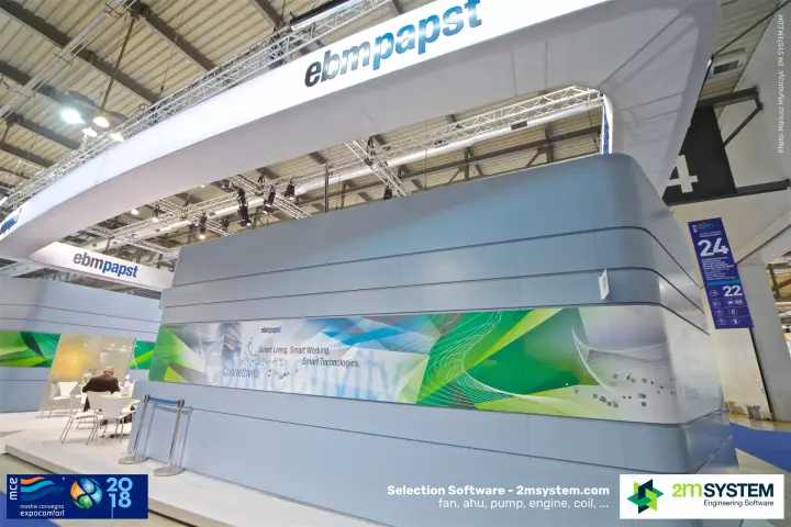 ebm-papst stand exterior with curved walls and a Connectivity graphic at MCE 2018
