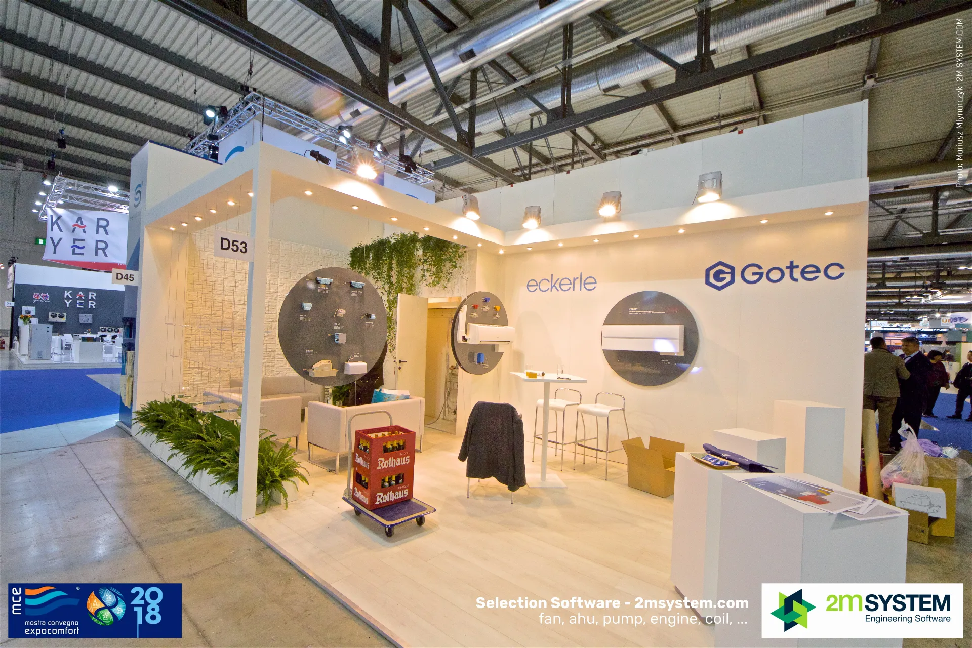 Eckerle and Gotec stand D53 with condensate pumps on round panels at MCE 2018