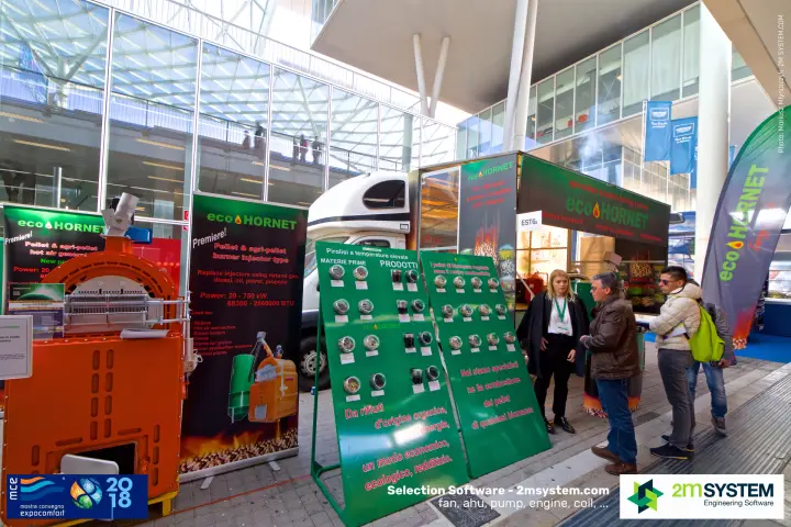 Eco Hornet outdoor stand with pellet burners and biomass sample boards at MCE 2018