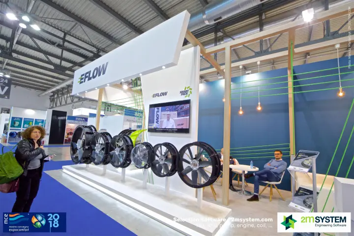 EFLOW fan line-up and meeting corner under a timber frame at MCE 2018