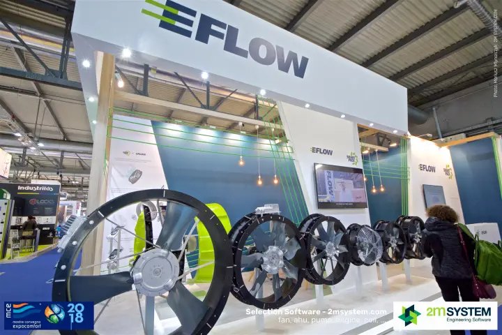 EFLOW stand with a row of large axial fans in black housings at MCE 2018