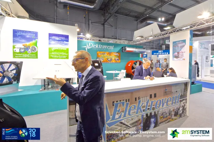 Elektrovent counter with EC fan posters and a red axial fan at MCE 2018