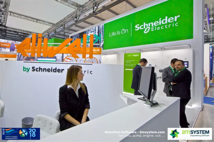 Eliwell reception counter under the illuminated Schneider Electric header at MCE 2018