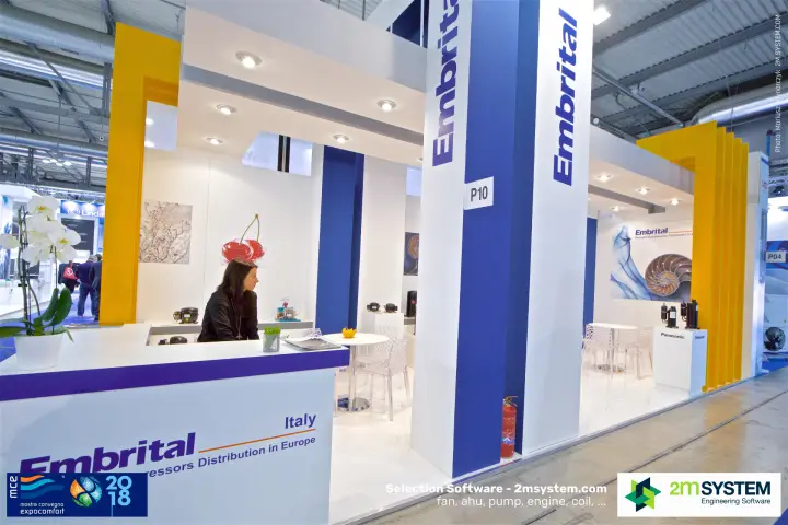 Embrital reception counter and compressor displays at the stand at MCE 2018