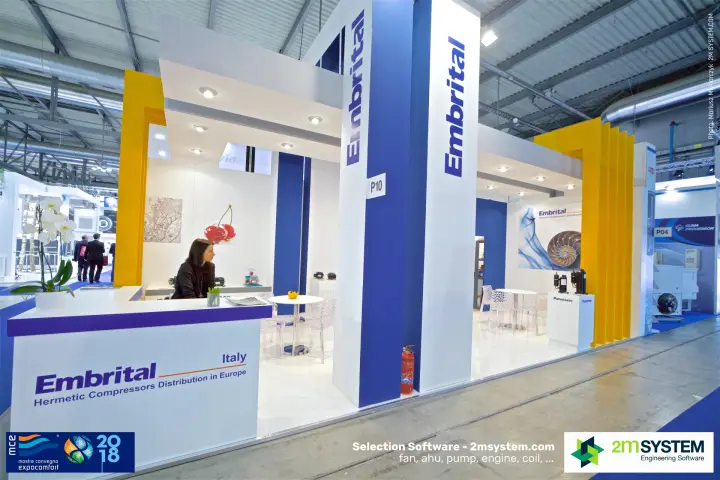 Embrital stand with blue columns and yellow fin walls at MCE 2018