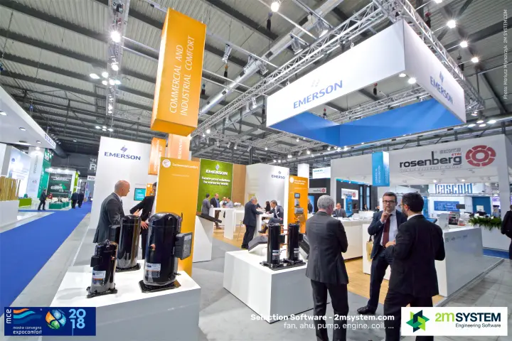 Emerson stand with scroll compressors on white plinths and orange hanging banners at MCE 2018