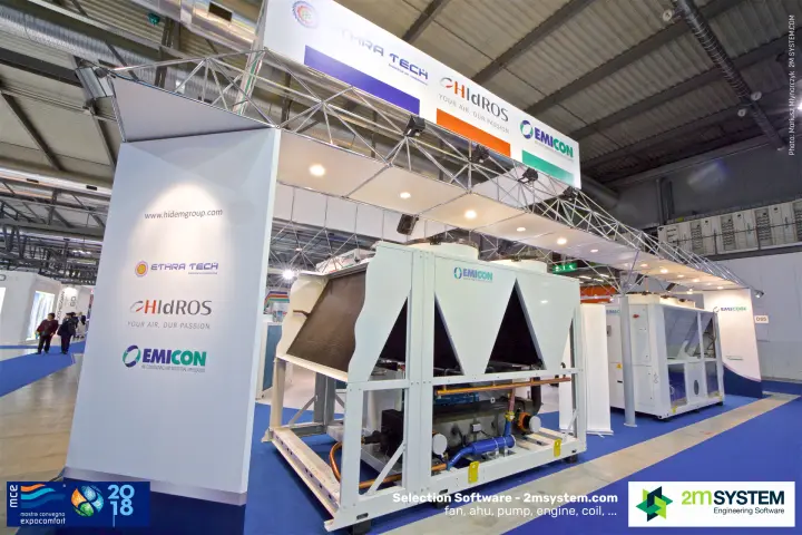 Emicon air-cooled chiller with V-coils and exposed compressors at MCE 2018