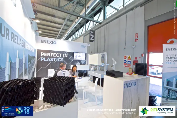 Enexio 'Perfect in plastics' wall with stacked cooling tower fill at MCE 2018