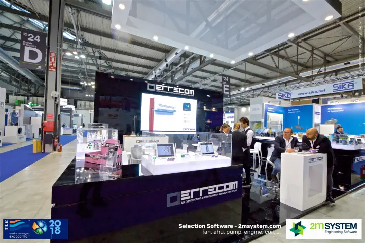 Errecom stand with glass display cases and an LED screen