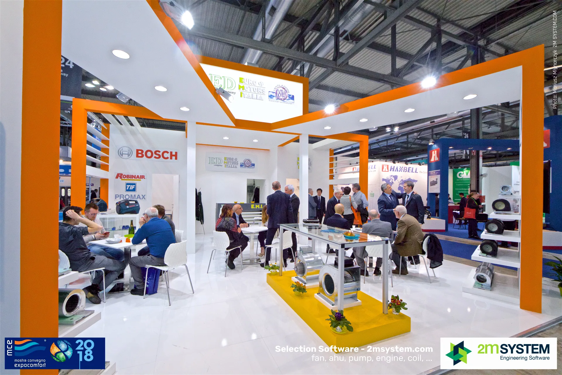 Euro Motors Italia stand with centrifugal fans on a yellow plinth at MCE 2018
