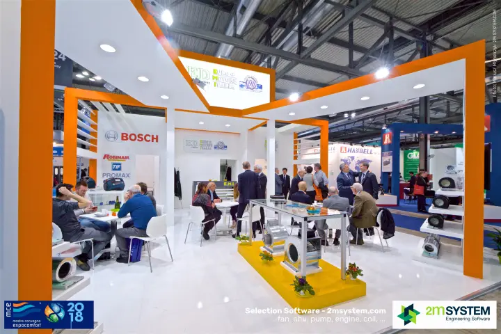 Euro Motors Italia stand with centrifugal fans on a yellow plinth at MCE 2018
