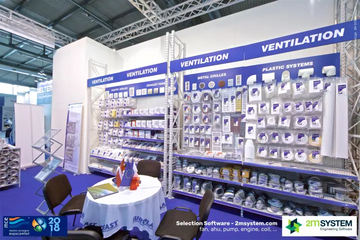 Europlast shelving with plastic and metal grilles, exhaust fans and duct fittings at MCE 2018