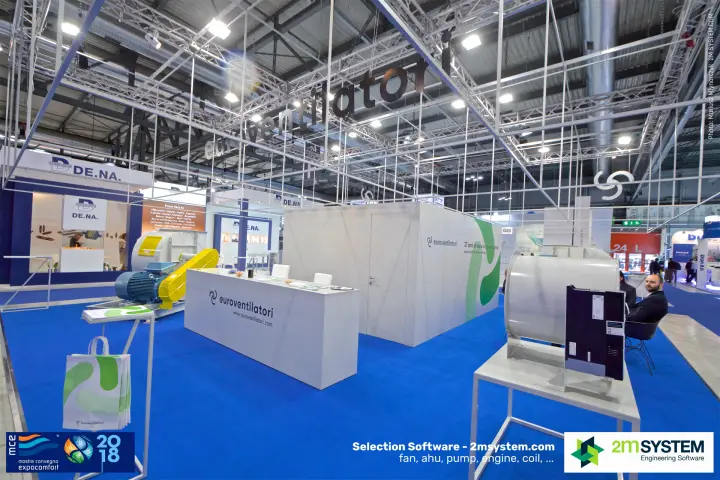 Euroventilatori stand G20 with suspended lettering and industrial fan at MCE 2018