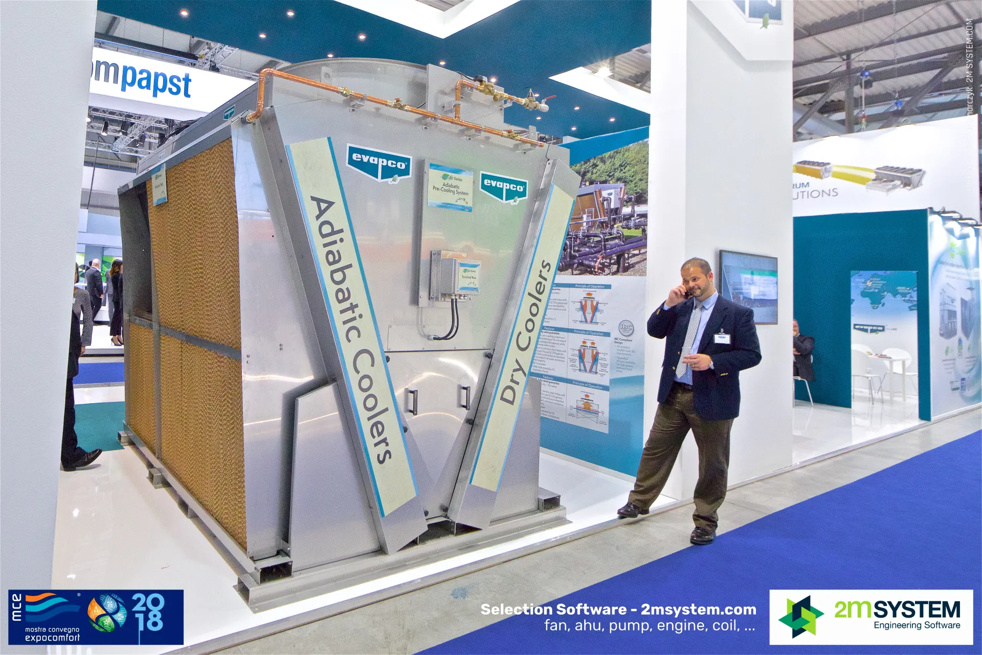 Evapco unit marked Adiabatic Coolers and Dry Coolers with pre-cooling pads at MCE 2018