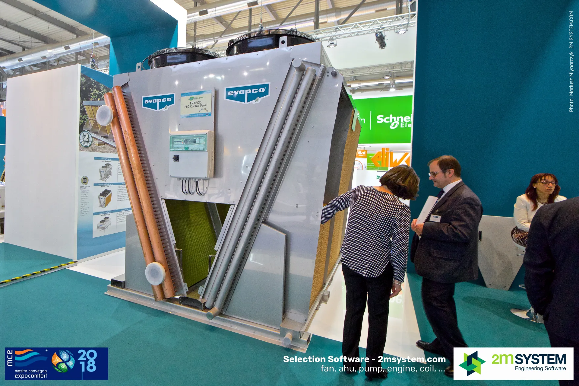 Evapco V-shaped cooler with copper headers and PLC control panel at MCE 2018