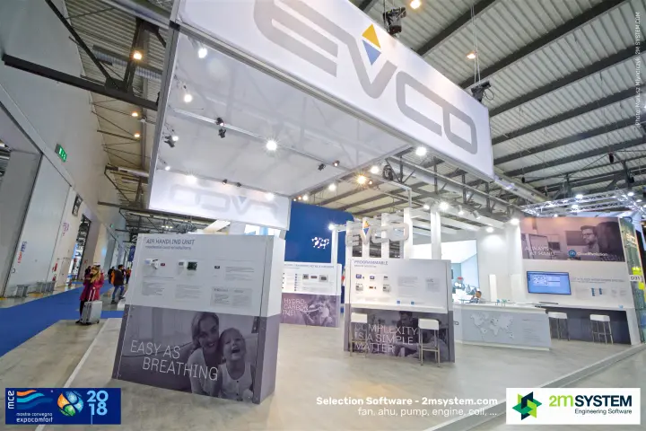 EVCO stand with suspended logo box and AHU control display at MCE 2018