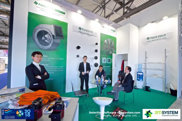 Fans-tech green and white stand with small centrifugal blowers on the wall at MCE 2018