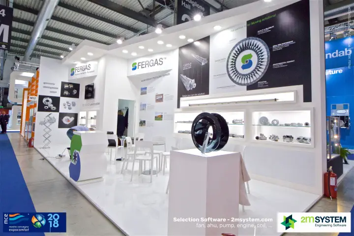 Fergas stand with cross-flow fans, blowers and a black impeller on a plinth
