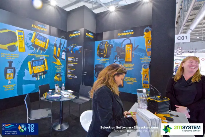 Fieldpiece stand with wall graphics of HVAC/R service instruments at MCE 2018