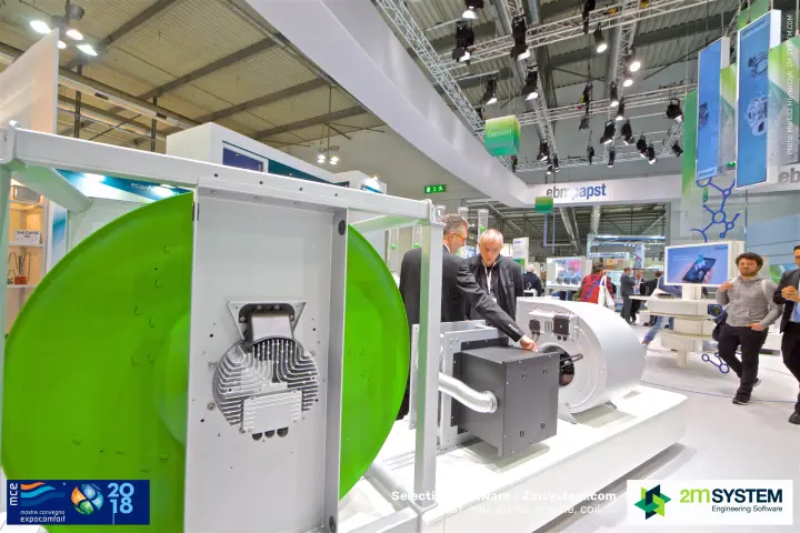 Finned EC motor behind a green impeller on the ebm-papst stand at MCE 2018