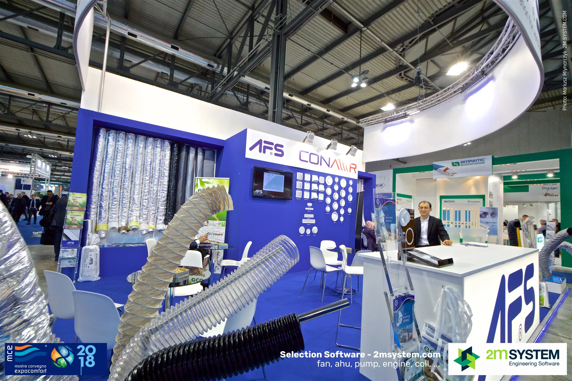 Flexible hoses lead the eye to the AFS and Conair diffuser wall at MCE 2018