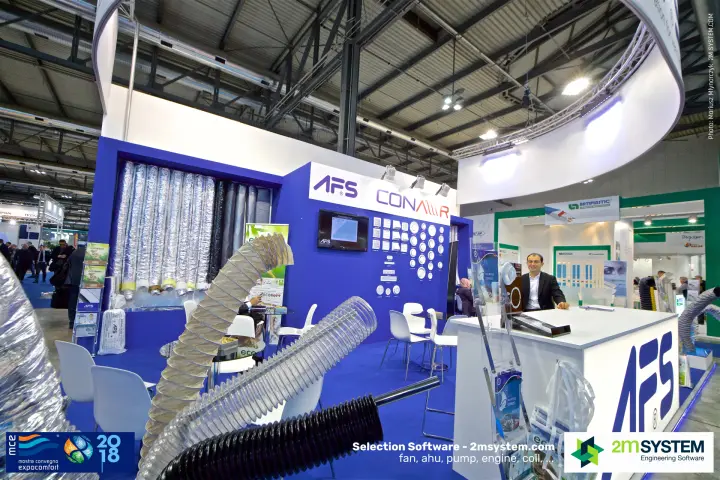 Flexible hoses lead the eye to the AFS and Conair diffuser wall at MCE 2018
