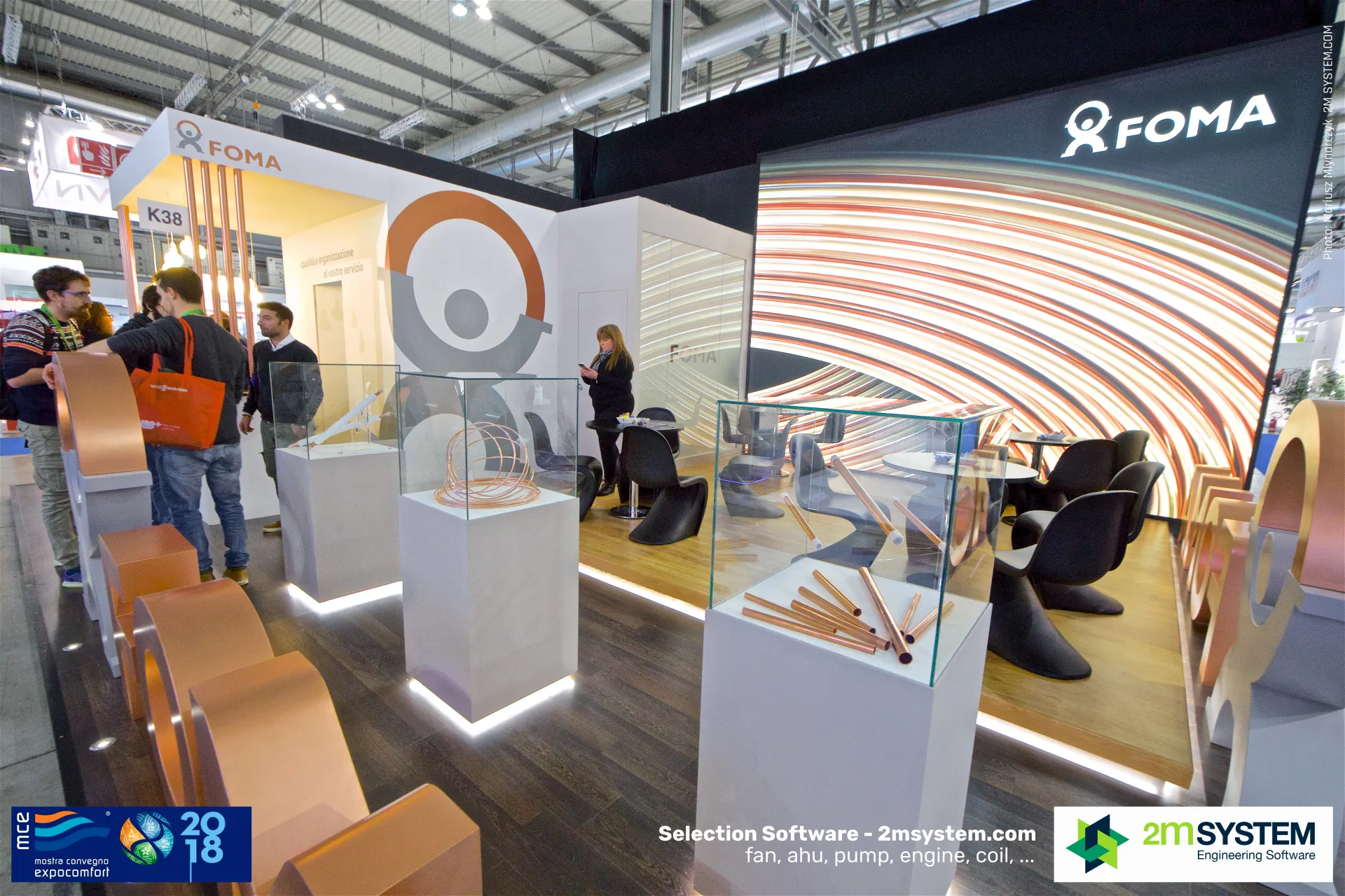 FOMA glass showcases with copper coils and cut copper tube lengths at MCE 2018