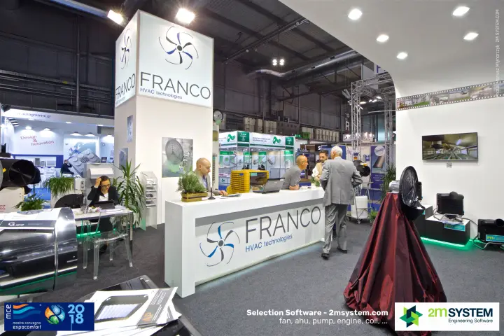 Franco HVAC technologies reception counter and draped fan display at MCE 2018