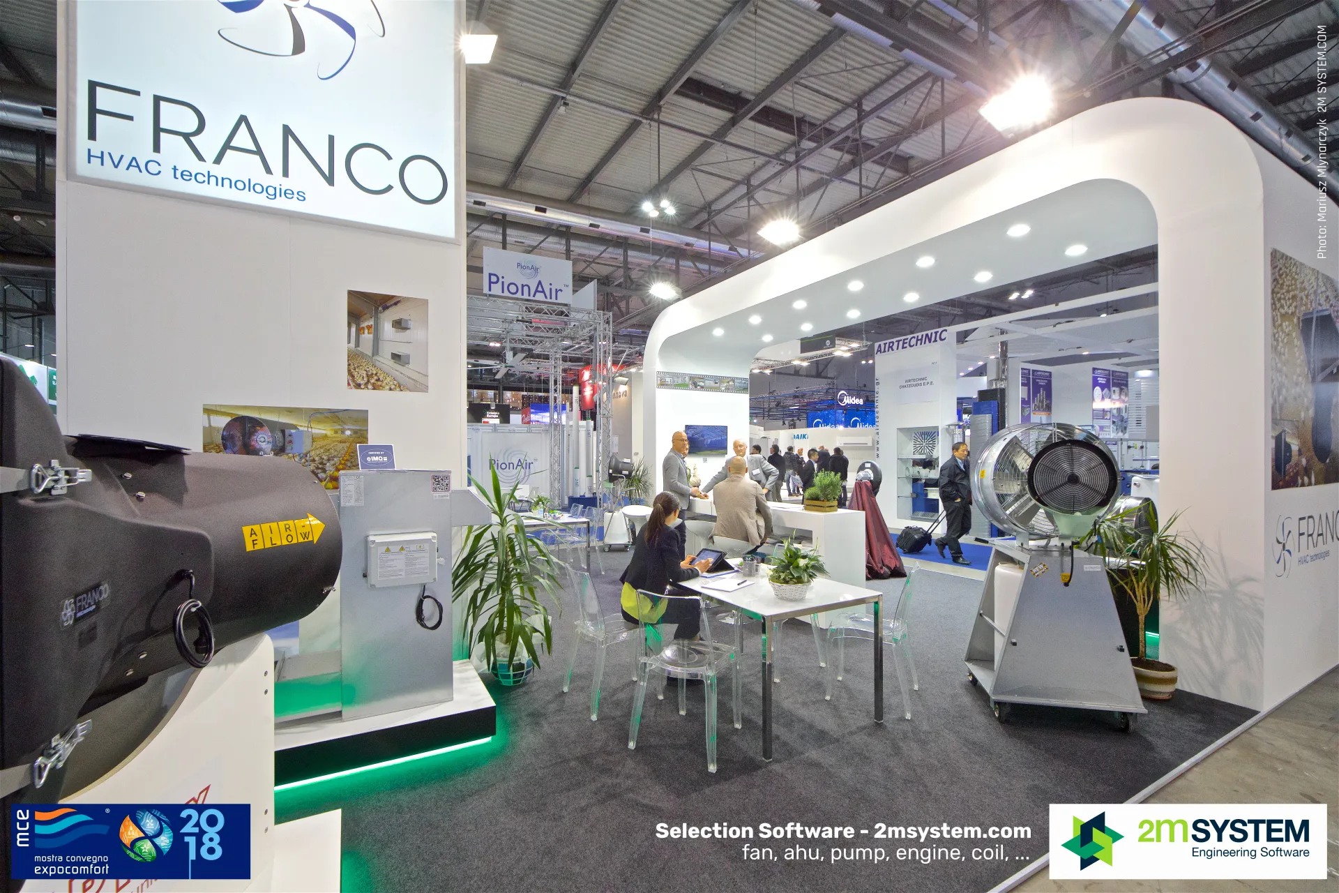 Franco portable fan with Air Flow arrow and arched white stand at MCE 2018